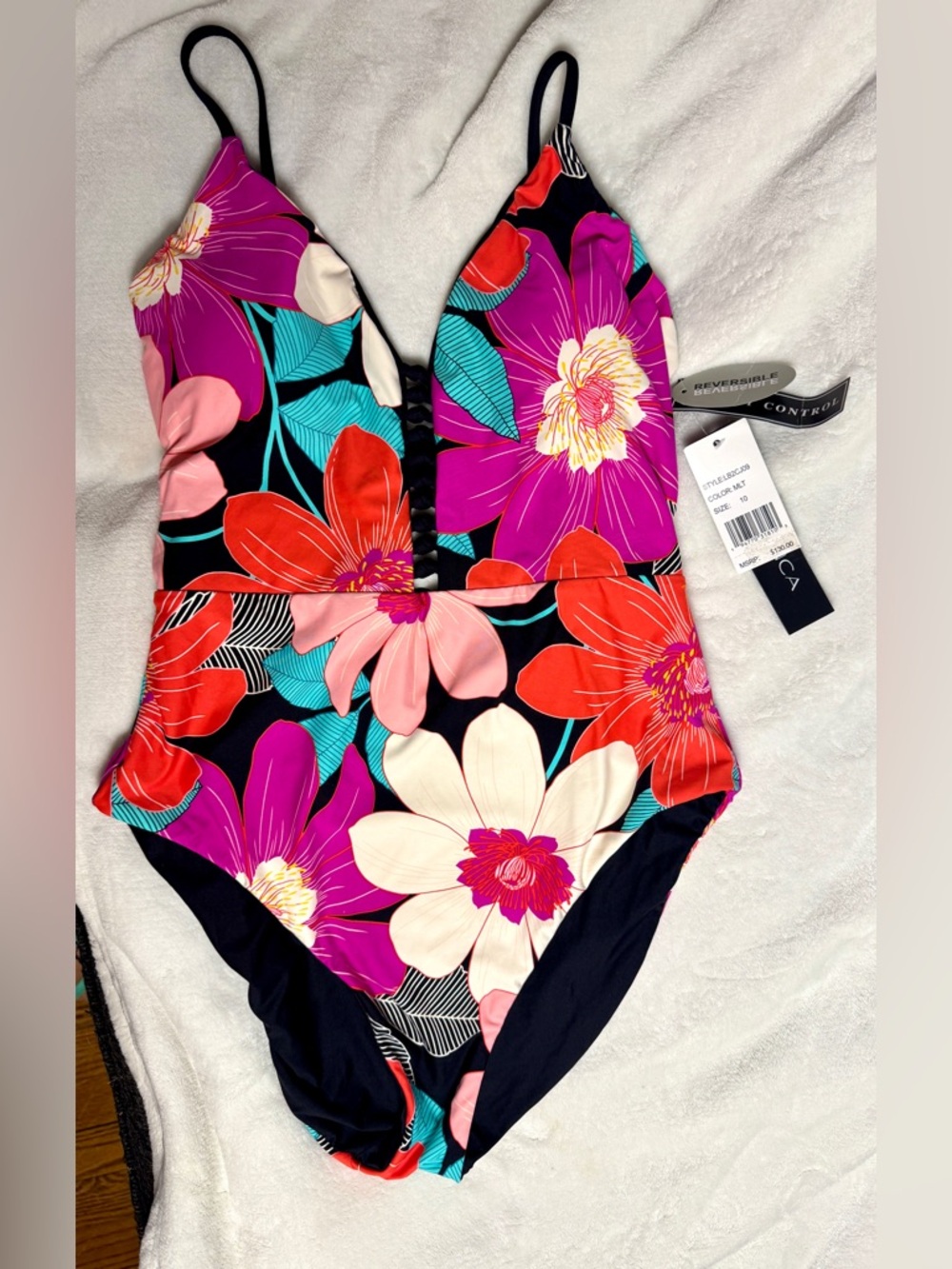 NWT La Blanca Black Floral adjustable Reversible One-Piece Swimsuit Vacation